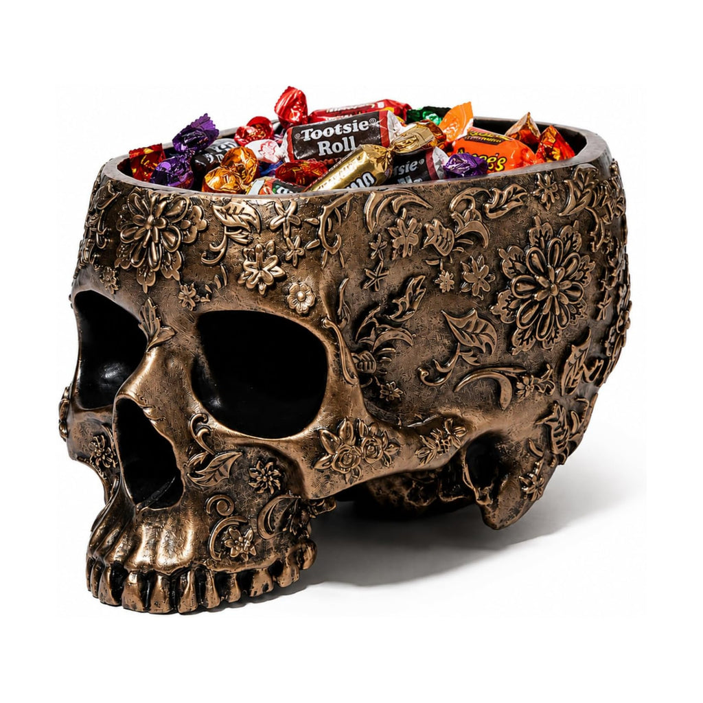 Halloween Skull Trick Or Treat Bowl Black Skeleton Planter Gothic Candy Pot