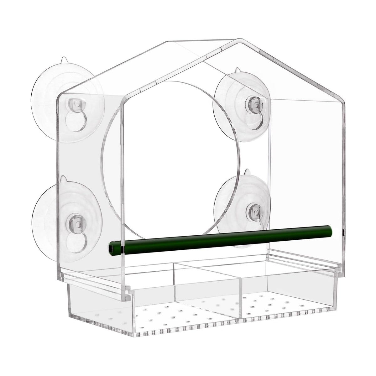 Acrylic Window Bird Feeder with 4 Strong Suction Cups, Clear and Transparent Bird House, Removable Food Tray with Drain Holes, Easy Install and Clean for Backyard and Viewing