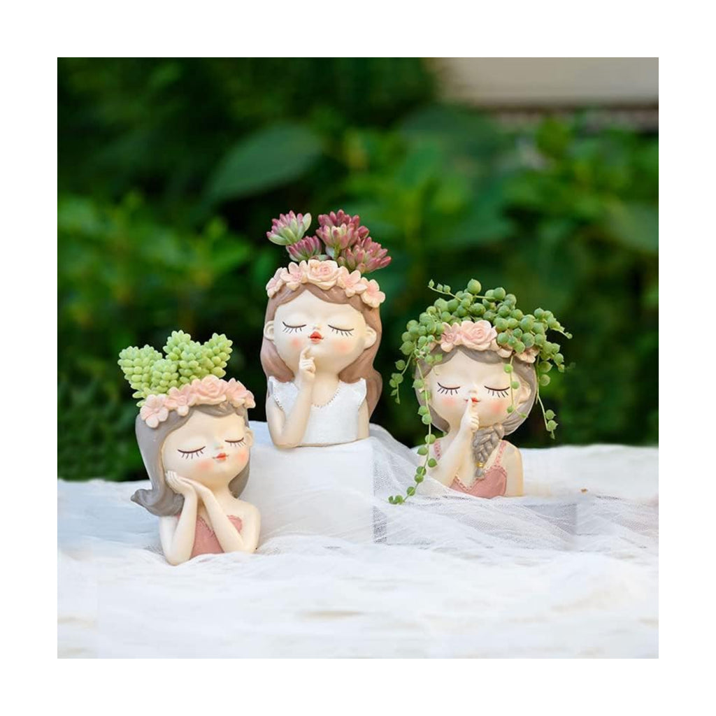 Small Fairy Head Planter, 3 Pack Succulent Pots, 4 Inches Girl Face Flower Pot Cute Resin Cactus Planters with Drainage