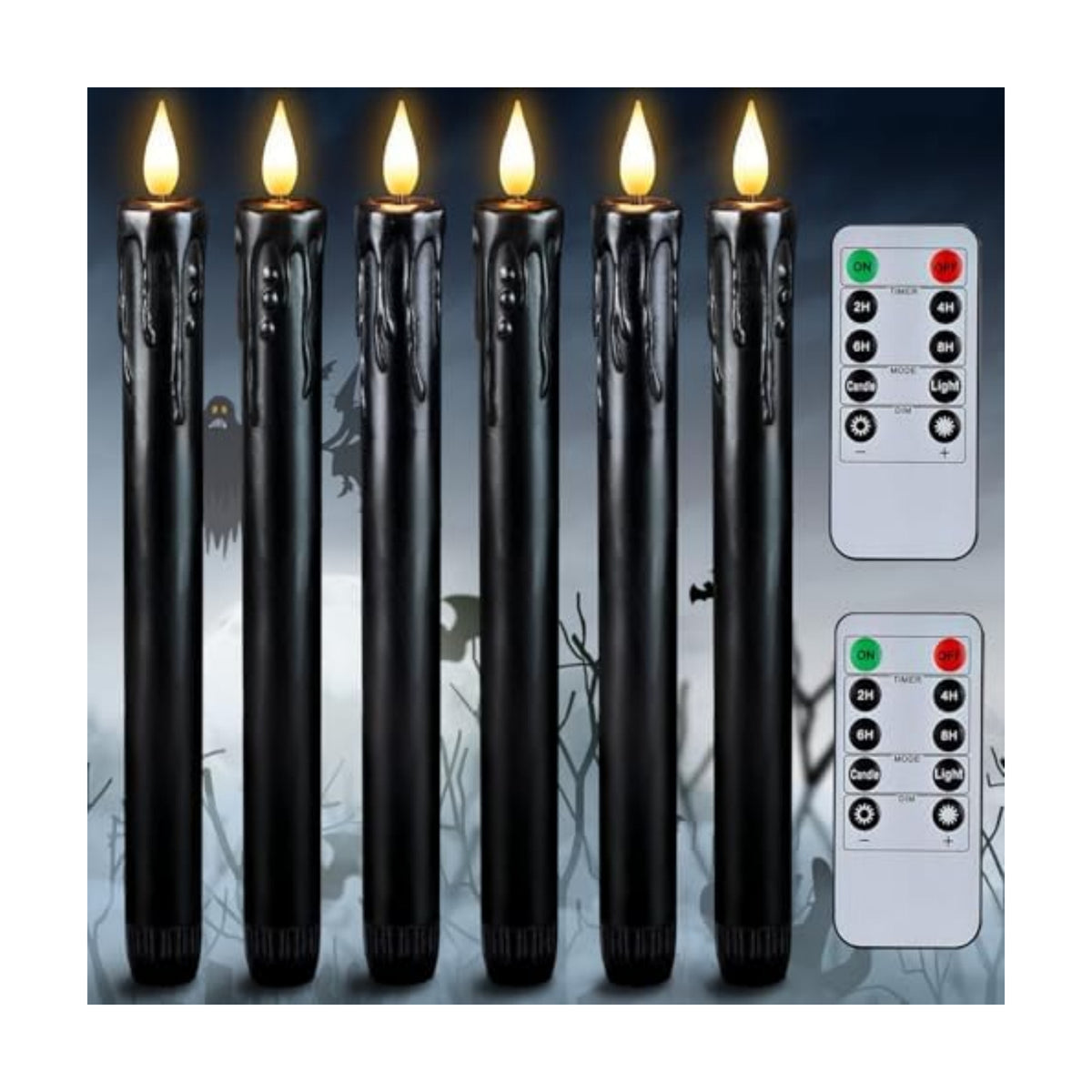 Homemory Black Flameless Taper Candles with Remote and Timer, Real Wax LED Taper Candles Battery Operated, Flickering Candle Sticks for Party Halloween Indoor Decoration, 6 Pcs, 9.6 inches