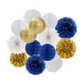 Navy-Blue White Gold Party Decorations - 14pcs Kits Paper Lanterns Fan,Tissue Flower Pom Poms Streamers,Honeycomb Balls,Graduation 2026 Men Birthday Wedding Baby Bridal Shower Decor Lasting Surprise