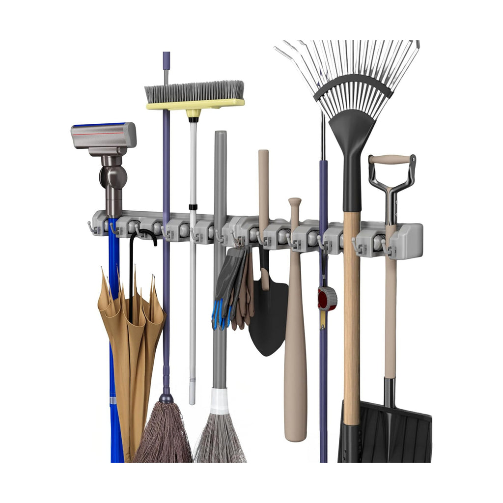 Garden Tool Organizer Wall Mount Broom and Mop Holder, 5 Adjustable Slots and 6 Hooks Utility Rack for Garage or Home