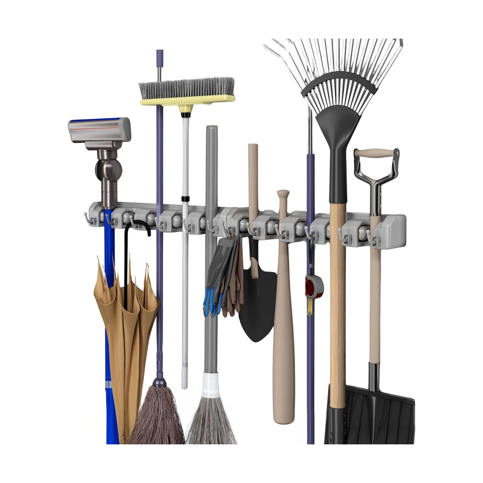 Garden Tool Organizer Wall Mount Broom and Mop Holder, 5 Adjustable Slots and 6 Hooks Utility Rack for Garage or Home