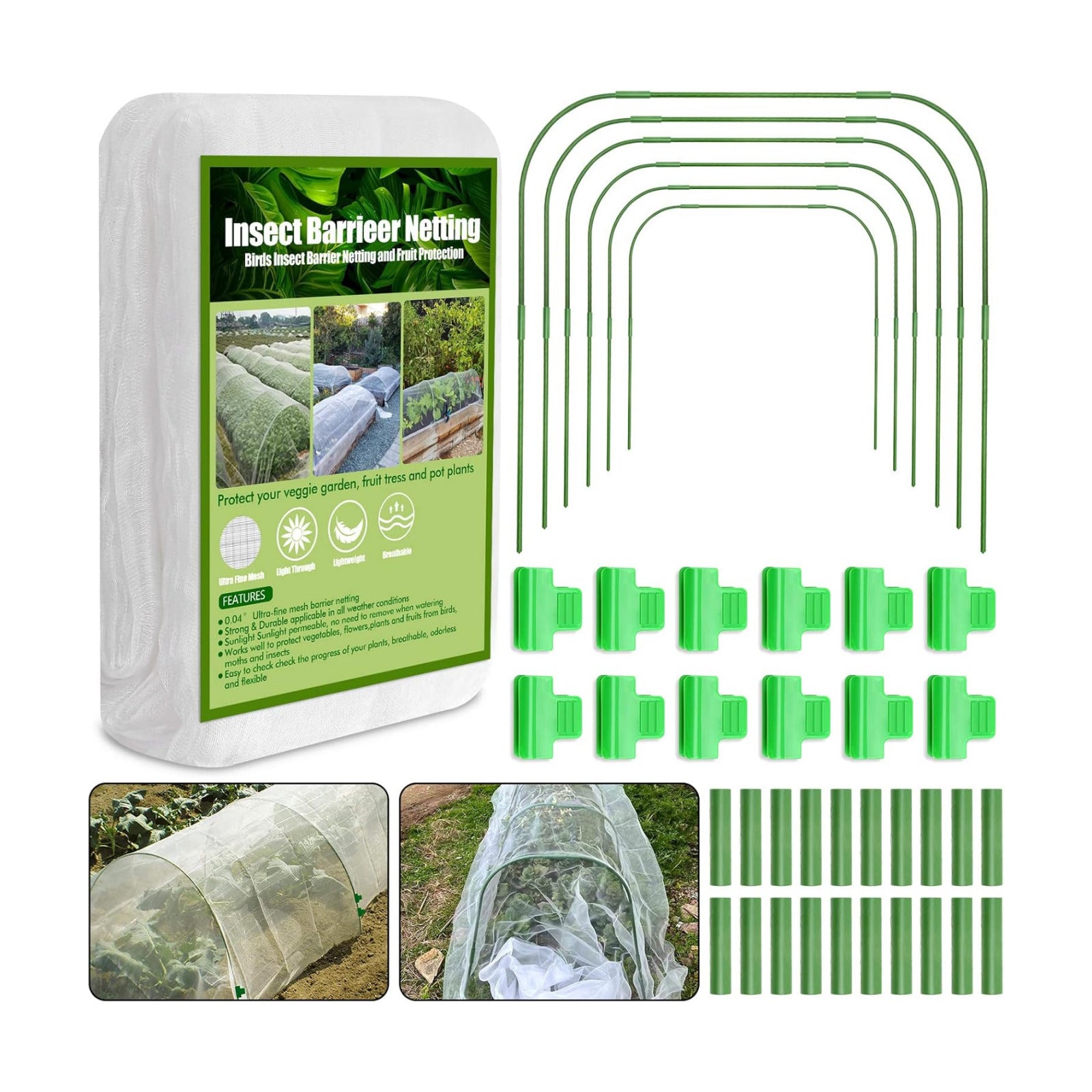 67pcs Garden Mesh Netting Kit, 6 Sets Wide Garden Hoops with Garden Covers | 10x20 ft Bird Netting & 12 Clips, Garden