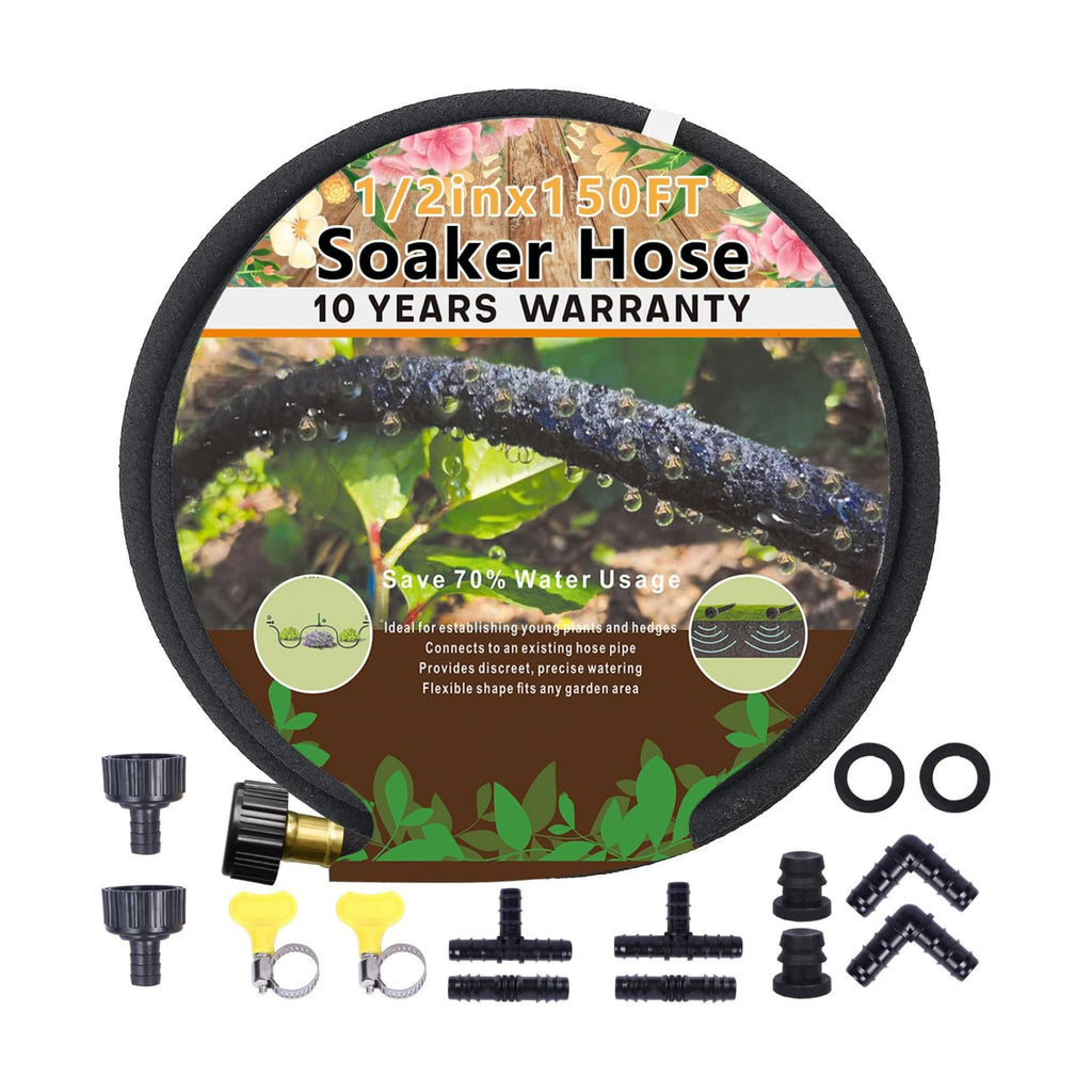 1/2’’ Soaker Hose for Garden 150 Ft, Heavy Duty Watering Hose 150-Foot with Kit, DIY Drip Irrigation Hoses System (150