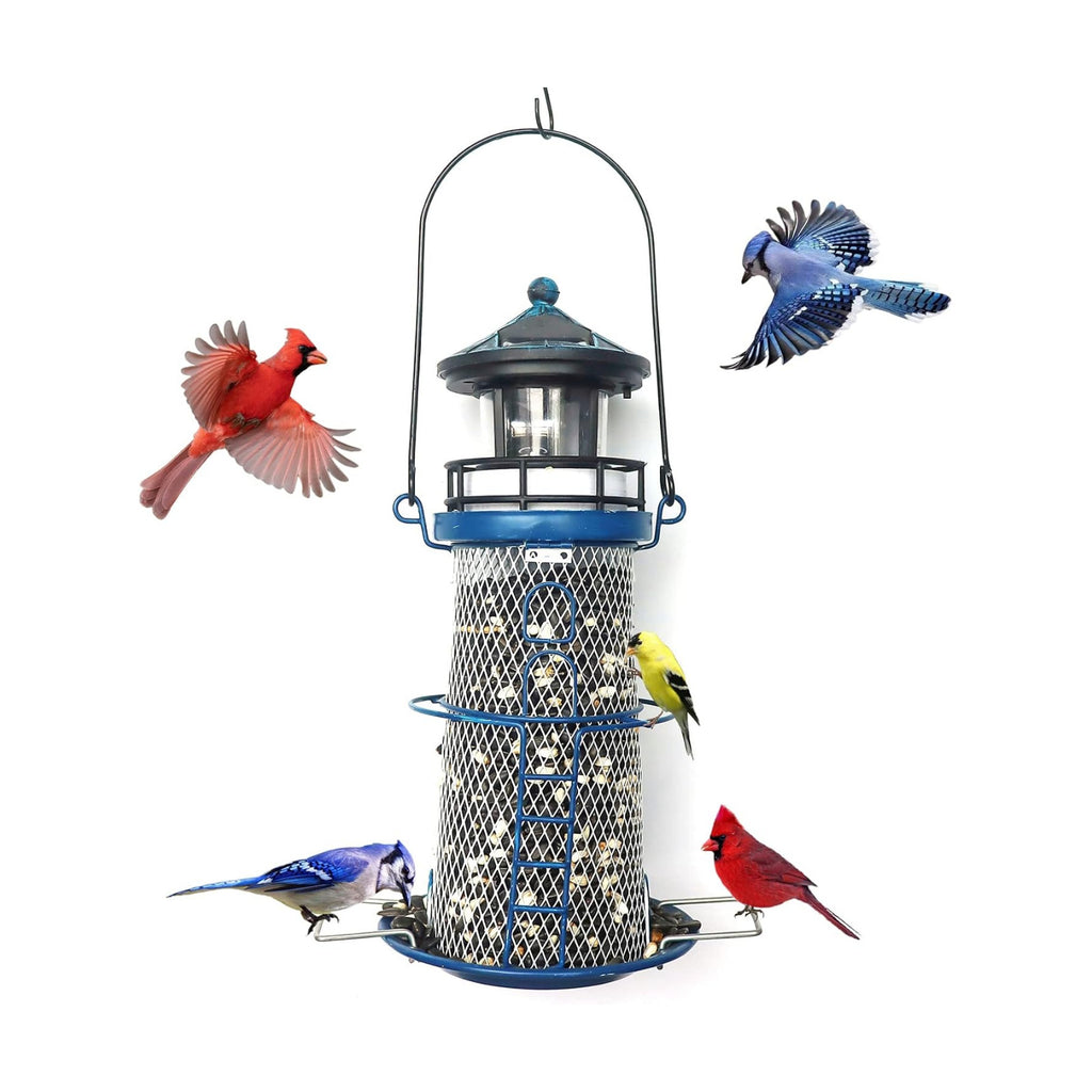 Solar Lighthouse Bird Feeder with Rotating Beacon - 14" Hanging Best Birdfeeder Gifts for Bird Lovers(Space Blue)