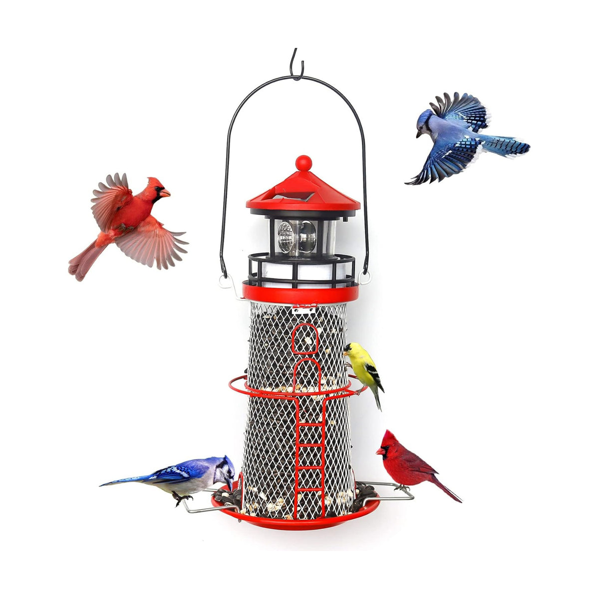 Solar Lighthouse Bird Feeder with Rotating Beacon - 14" Hanging Best Birdfeeder Gifts for Bird Lovers(Apple Red).