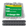 100 Pack Landscape Staples and 100 Pack Gaskets,6in Long 9 Gauge Galvanized Steel Garden Staples with Black