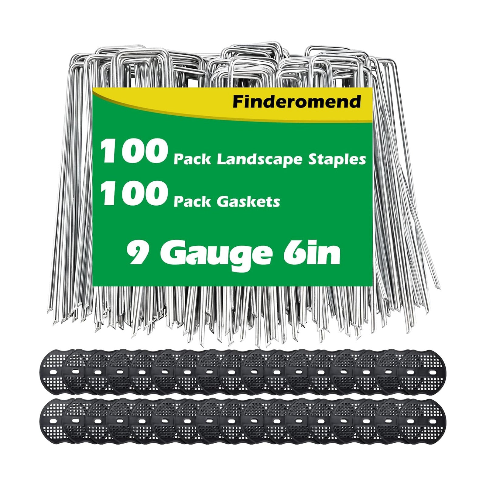 100 Pack Landscape Staples and 100 Pack Gaskets,6in Long 9 Gauge Galvanized Steel Garden Staples with Black