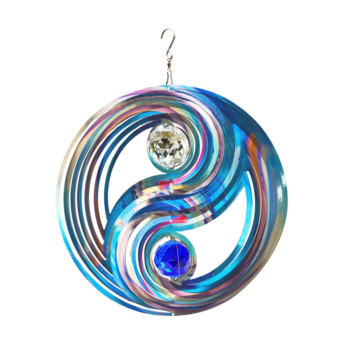 FONMY Mandala Wind Spinner w/Crystal Ball-Fengshui 3D Stainless Steel Hanging Spinners Worth Gift Christmas Decoration Indoor/Outdoor Garden Décor Kinetic Yard Art 12 Inches Wind Sculpture