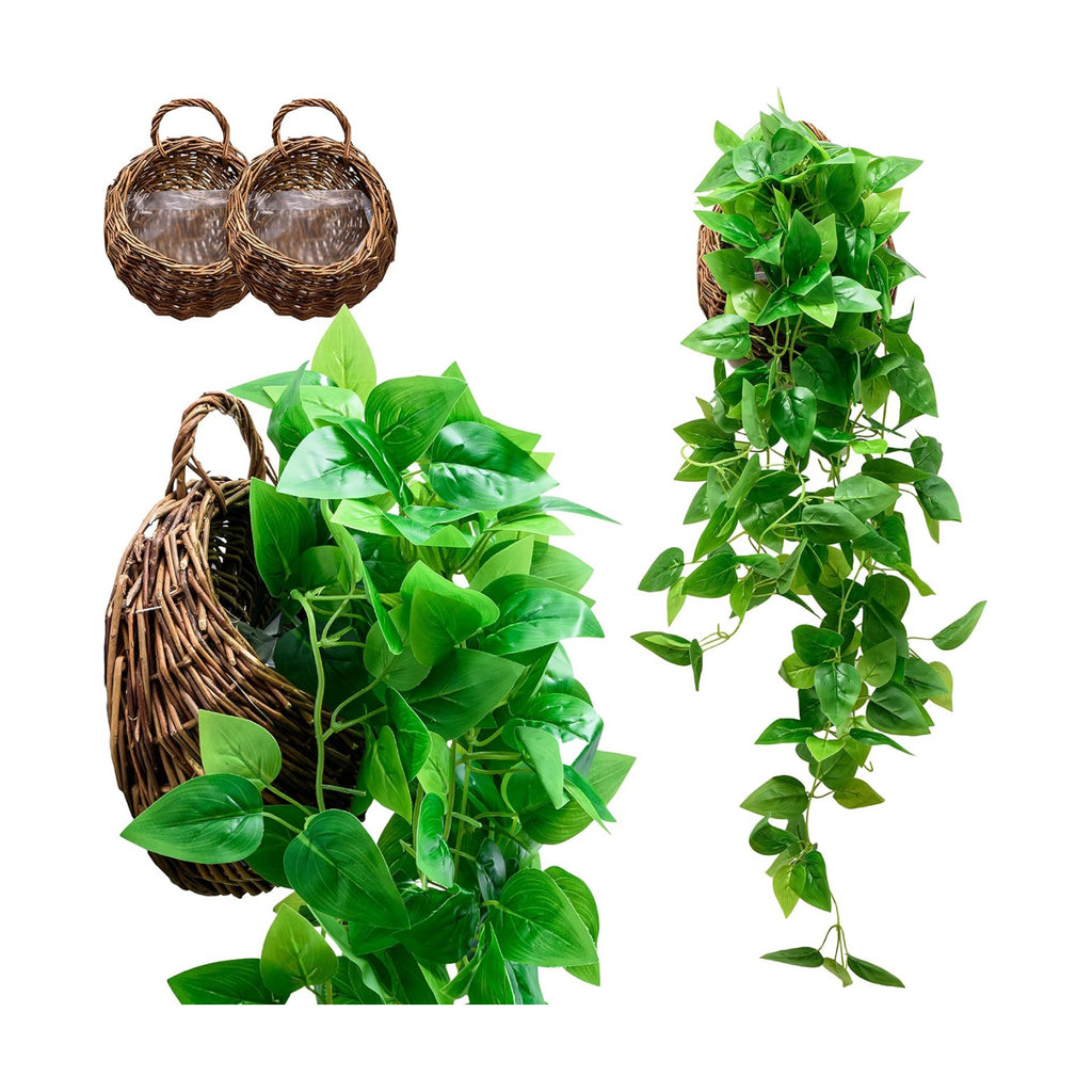 Tapeera 2-Pack Artificial Plants (with Baskets) - Ivy Vines Pothos - Outdoor & Indoor Decorations - Wall Faux Hanging