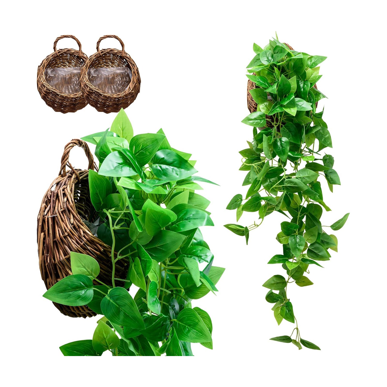 Tapeera 2-Pack Artificial Plants (with Baskets) - Ivy Vines Pothos - Outdoor & Indoor Decorations - Wall Faux Hanging