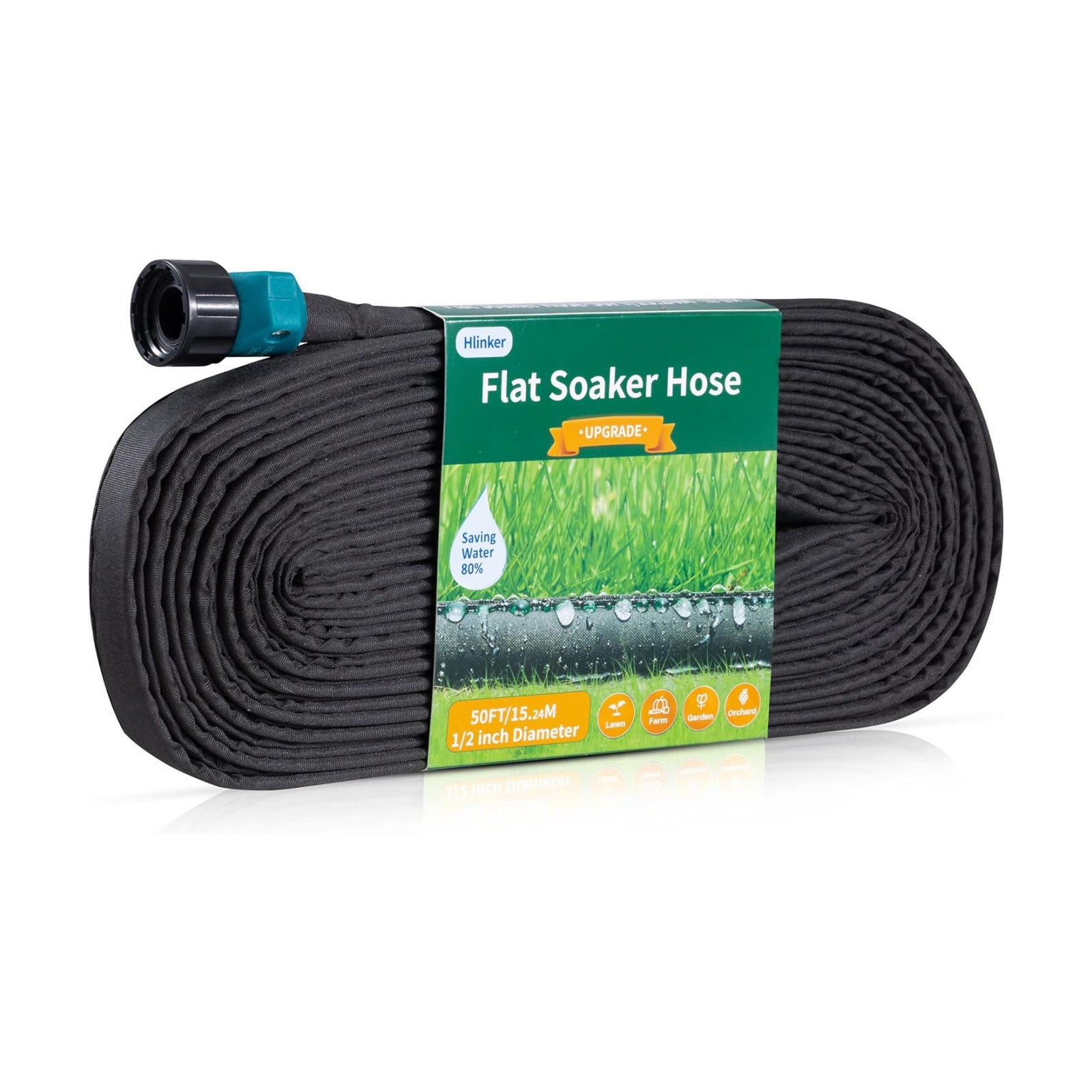 Hlinker Flat Soaker Hose 50 FT for Garden Beds, 50Ft 1/2" Linkable Consistent Drip Irrigation Hose Save 80% Water