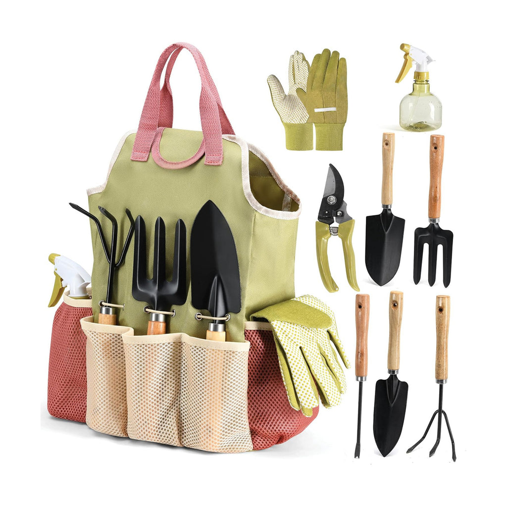 Gardening Tools Set of 10 - Complete Heavy Duty Garden Tools Set with Fashion Handbag - Durable Gardening Supplies Kit