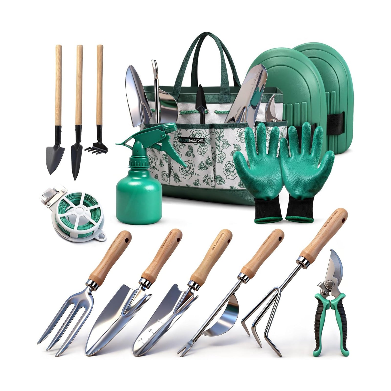 Bluemars Gardening Hand Tool Kit 14PCS Heavy Duty Stainless Steel Garden Tool Set with Floral Garden Tote -Outdoor