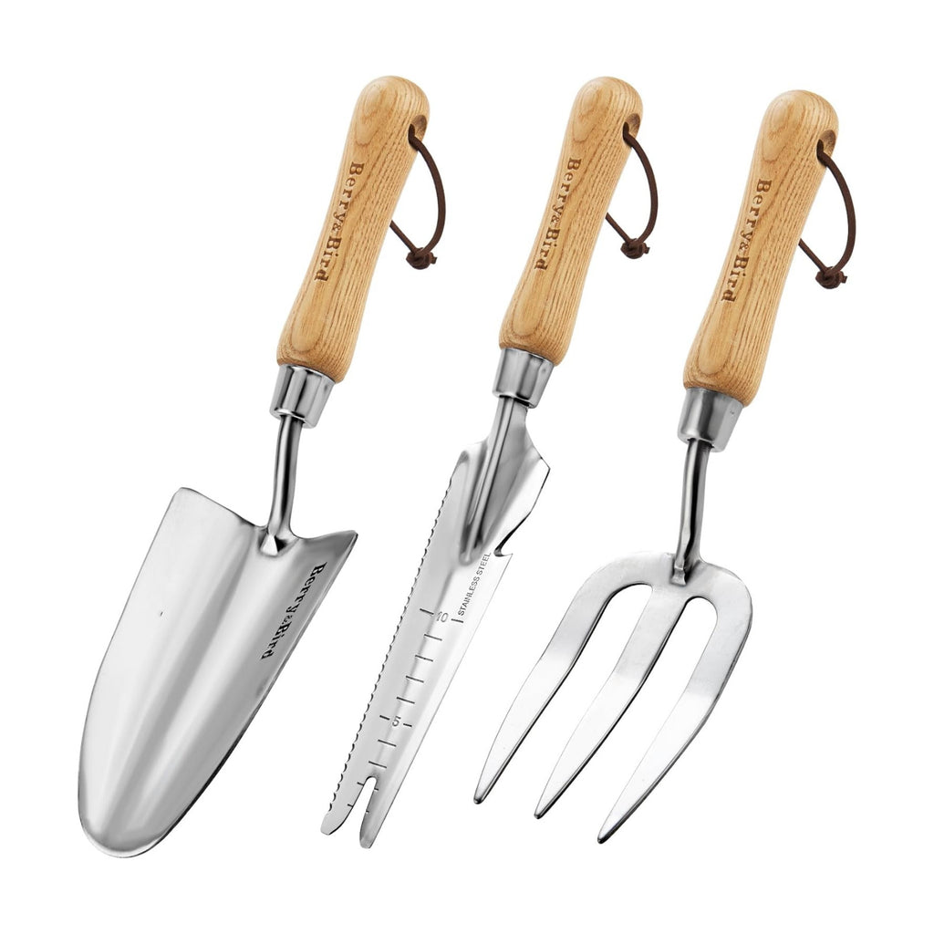 Berry&Bird Gardening Hand Tool Set - 3PCS Stainless Steel Garden Tool Kit Multifunctional Tool with Wooden Handle