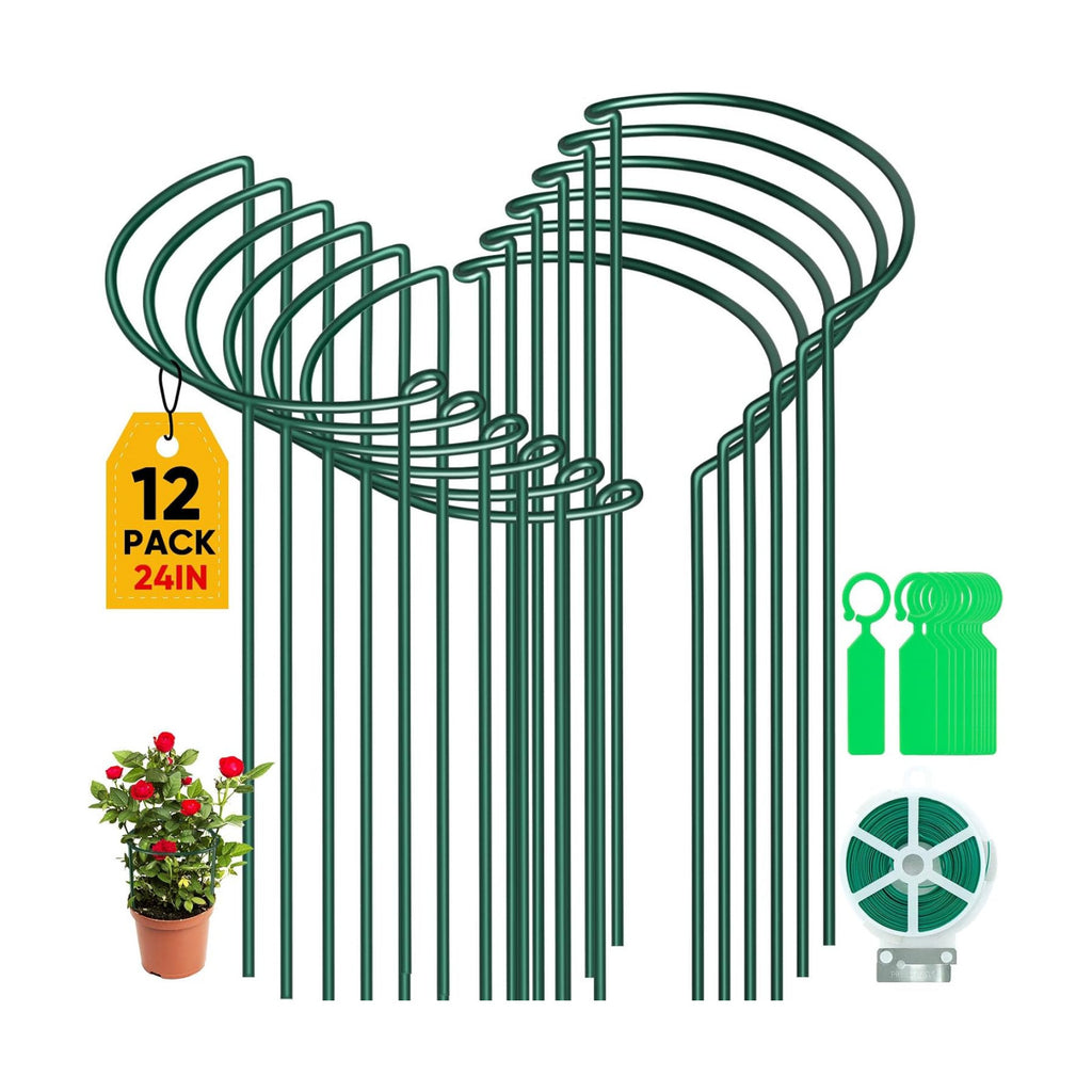 12 Pack 24 Inch Tall Plant Support Stakes, 10" W x 24" H Half Round Peony Cages and Support, Heavy Duty Green Plant
