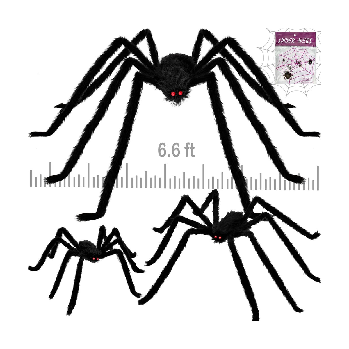 3 Pcs Giant Halloween Spider Decorations Set, Realistic Black Hairy Spiders