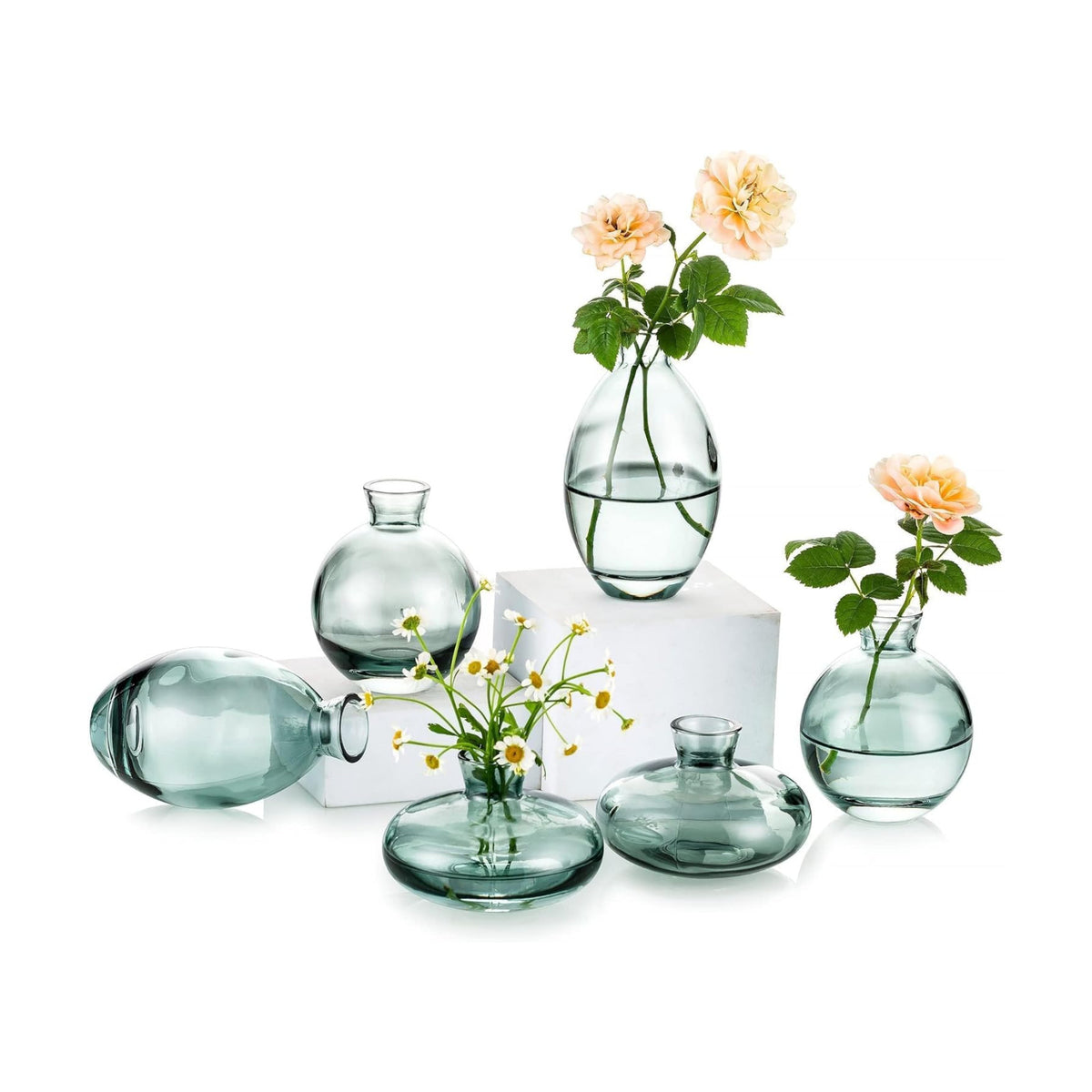 Glasseam Glass Bud Vase for Centerpieces, 6Pcs Green Small Flower Vase Set