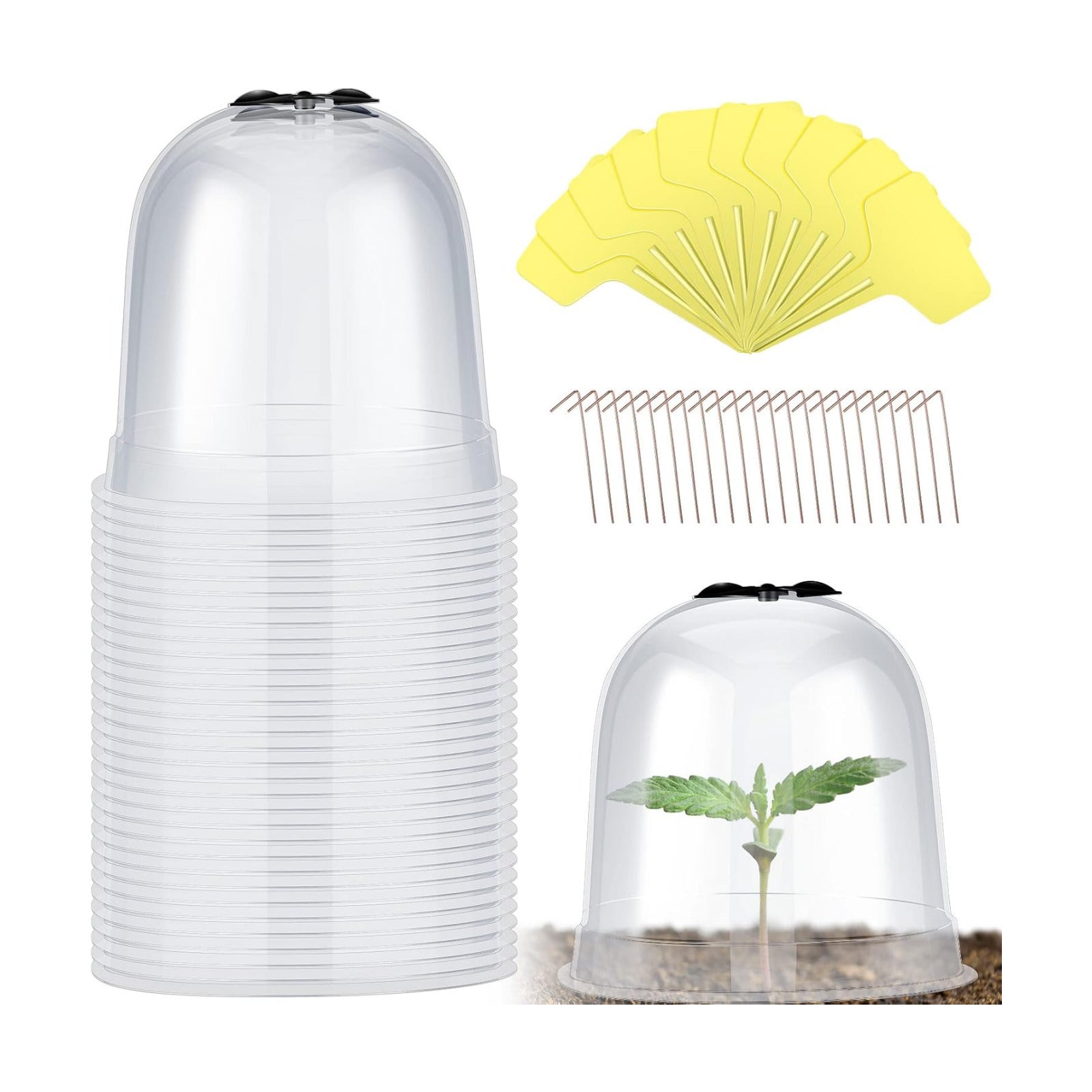 20 Pack Garden Cloches for Plants Clear Bell Covers 7.3x6.7 Inch | with 60 Pegs 20 Labels, Freeze Protection Humidity