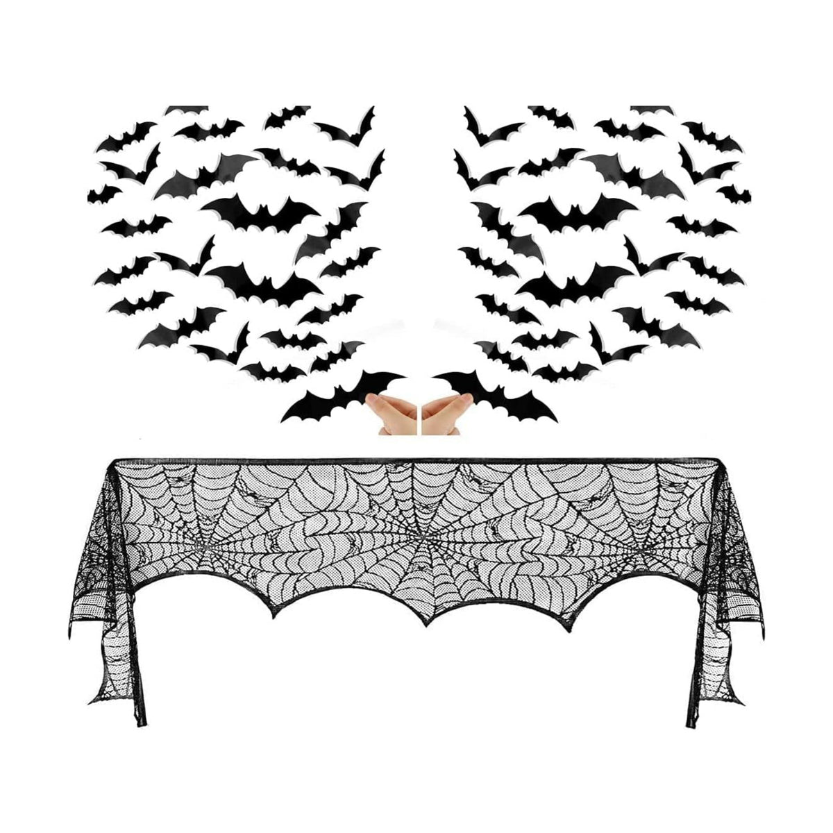 Halloween Black Lace Spiderweb Fireplace Mantle Scarf Cover and 60 Bats