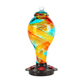 LUJII Hand Blown Glass Hummingbird Feeder for Outdoors Hanging with Ant Moat, 36 fl.oz, Leak Proof & Rustproof, Metal Base with 5 Feeding Ports & 5 Perches, Unique Garden & Backyard Decor (Ribbon)