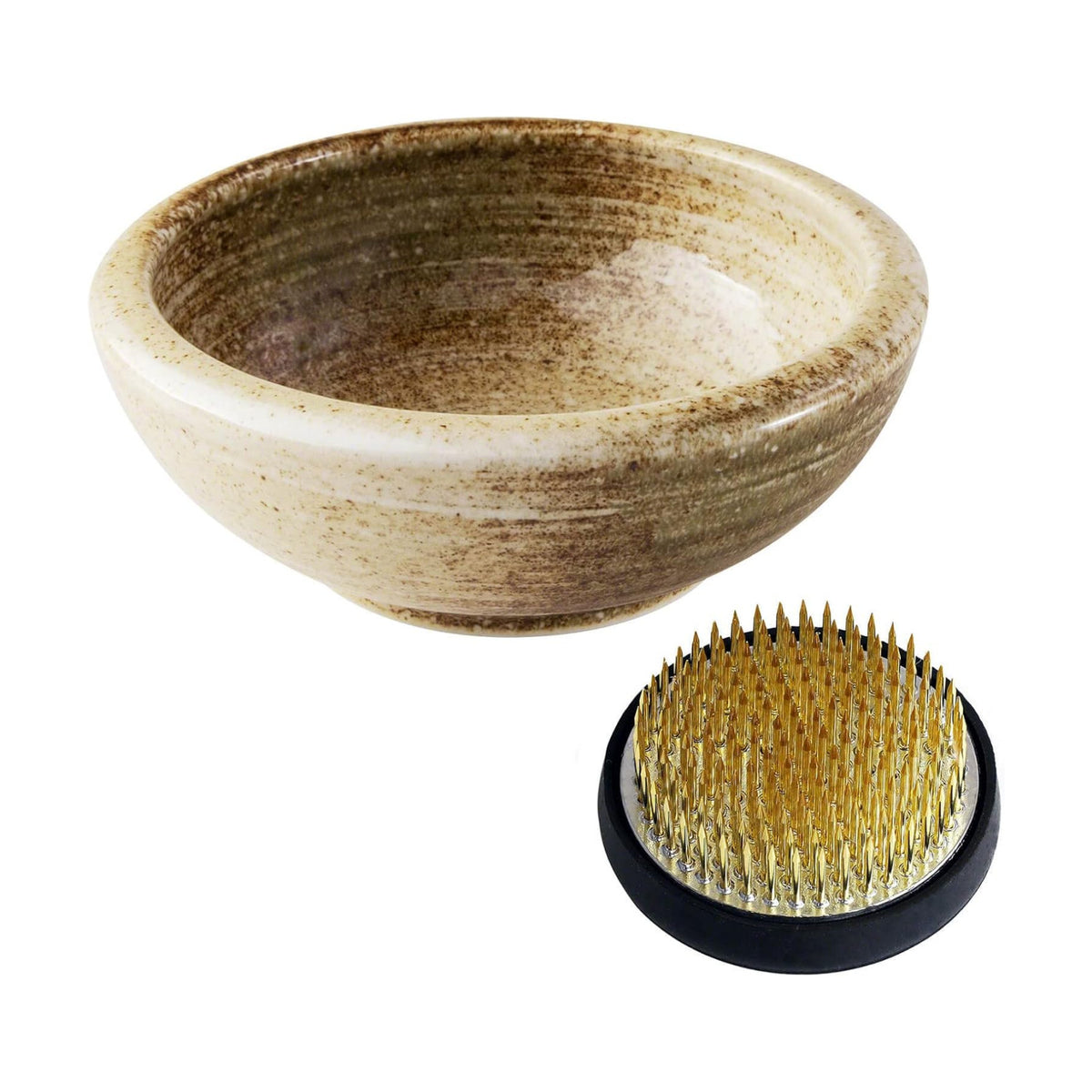 Wazakura Minoyaki Series Japanese Ikebana Essential Tool Kit - Small Round Ceramic Flower Vase and Kenzan Pin Frog for Floral Arranging (Sand Beige Vase + 2in (61mm) Brass Kenzan)