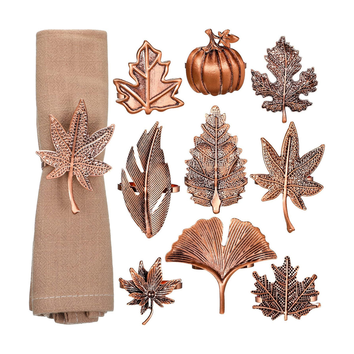 Remerry 9 pcsThanksgiving Napkin Rings Set Fall Autumn Metal Holders