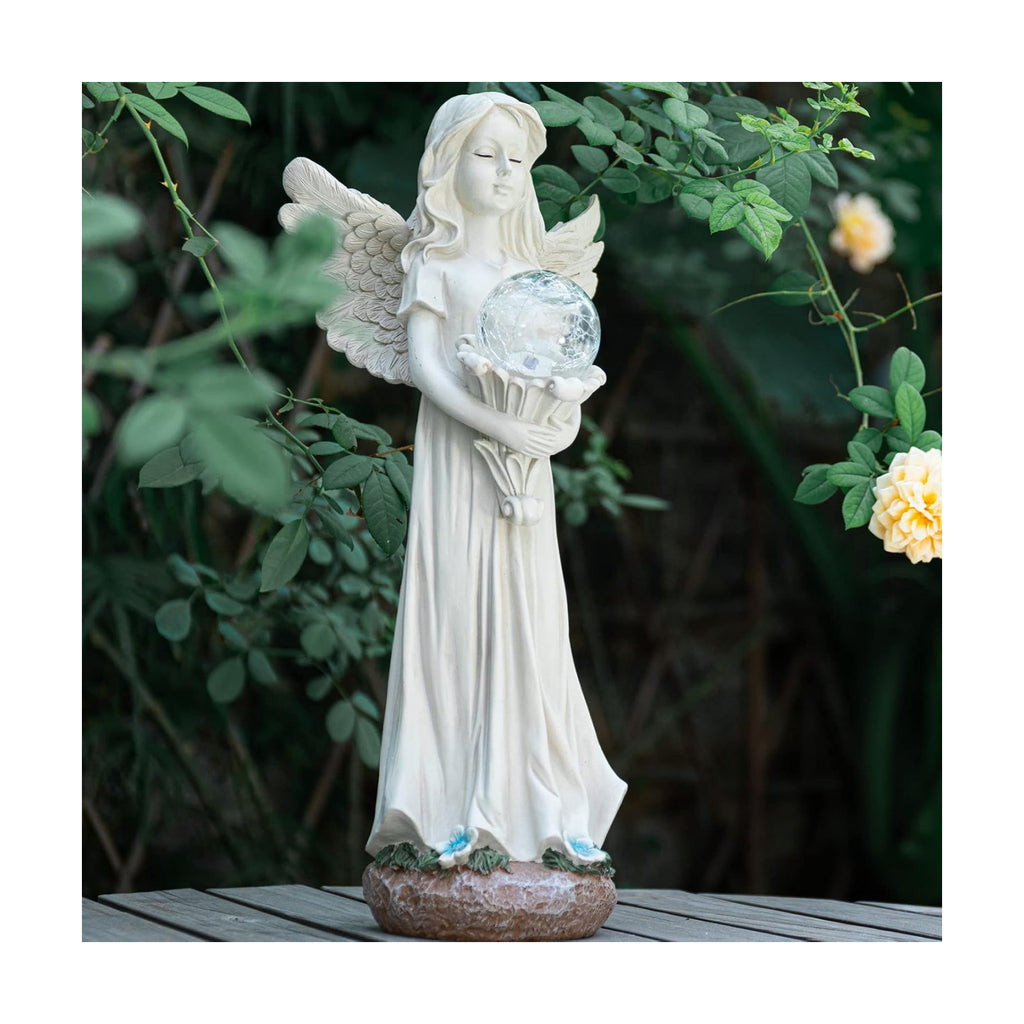 Garden Angels Outdoor Statue, Solar Angel with Crackled Glass Globe | 16.3'' Resin Angel Statue with Warm Led Lights