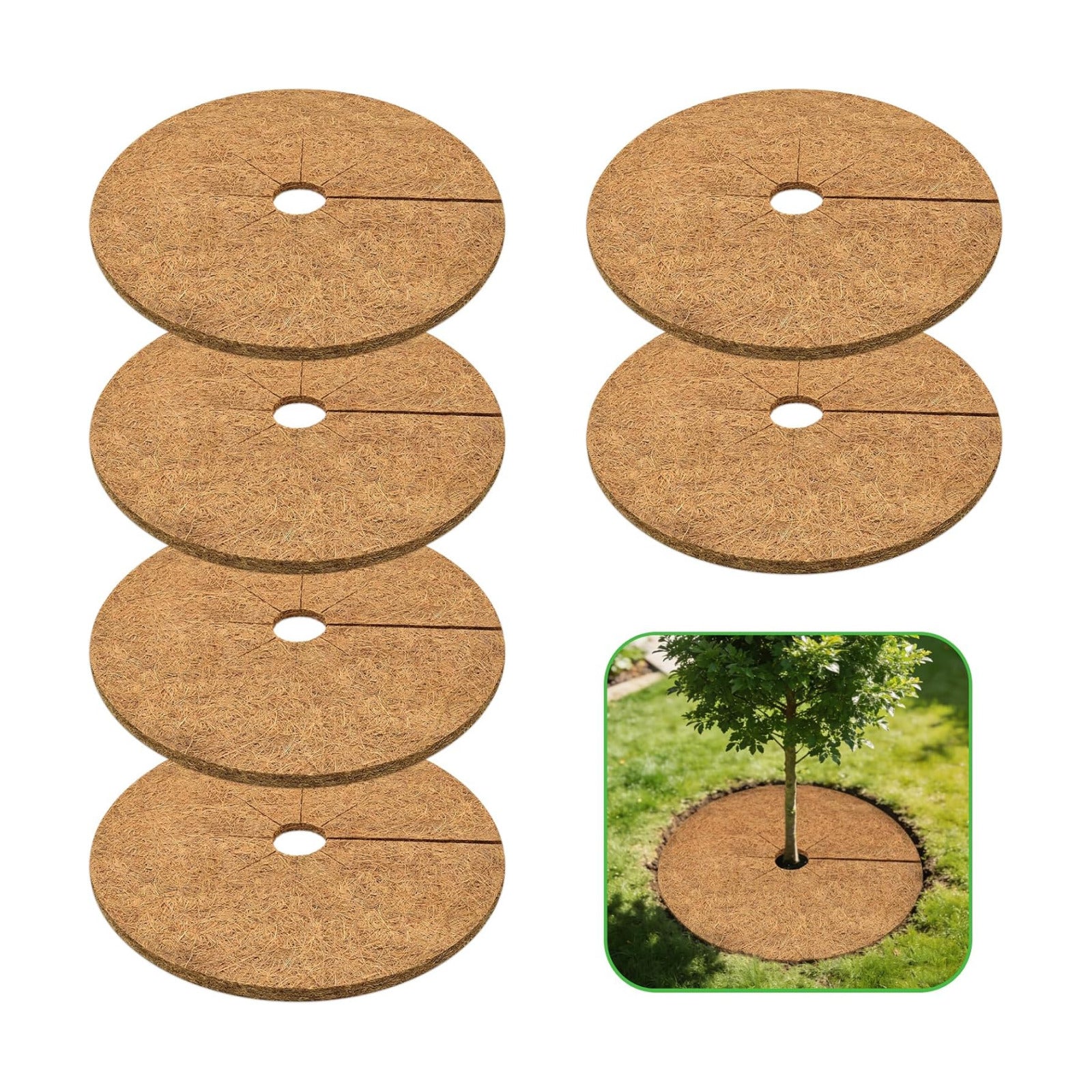 24 Inch Coconut Fiber Tree Ring Mulch Mat, 6 Pack Tree Mulch Ring | 100% Natural Coco Coir Tree Plant Protectors Mat