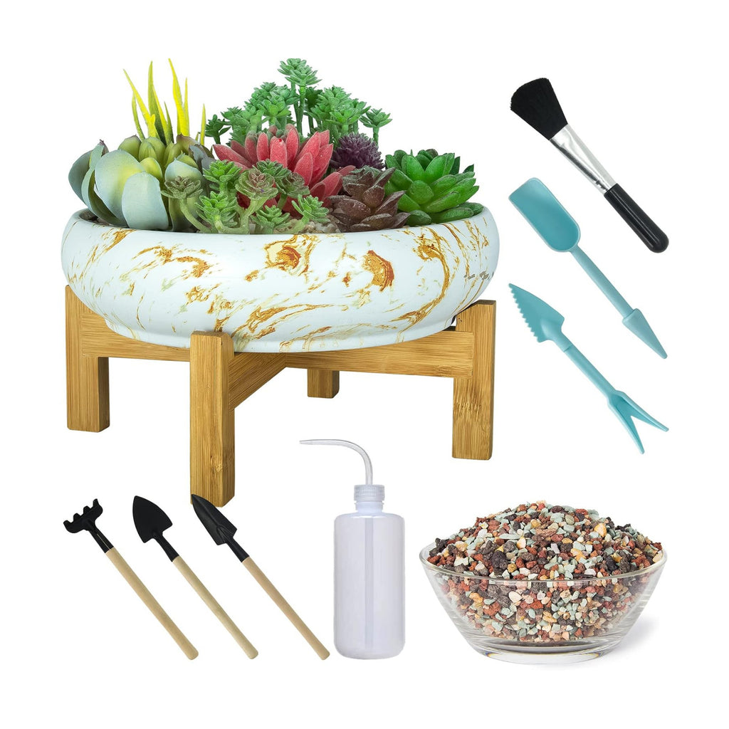 ARTKETTY Bonsai Pots, 10 Inch Large Succulent Pots with Drainage Stand | Ceramic Plant Pots with 2.2lb Mix Pebbles