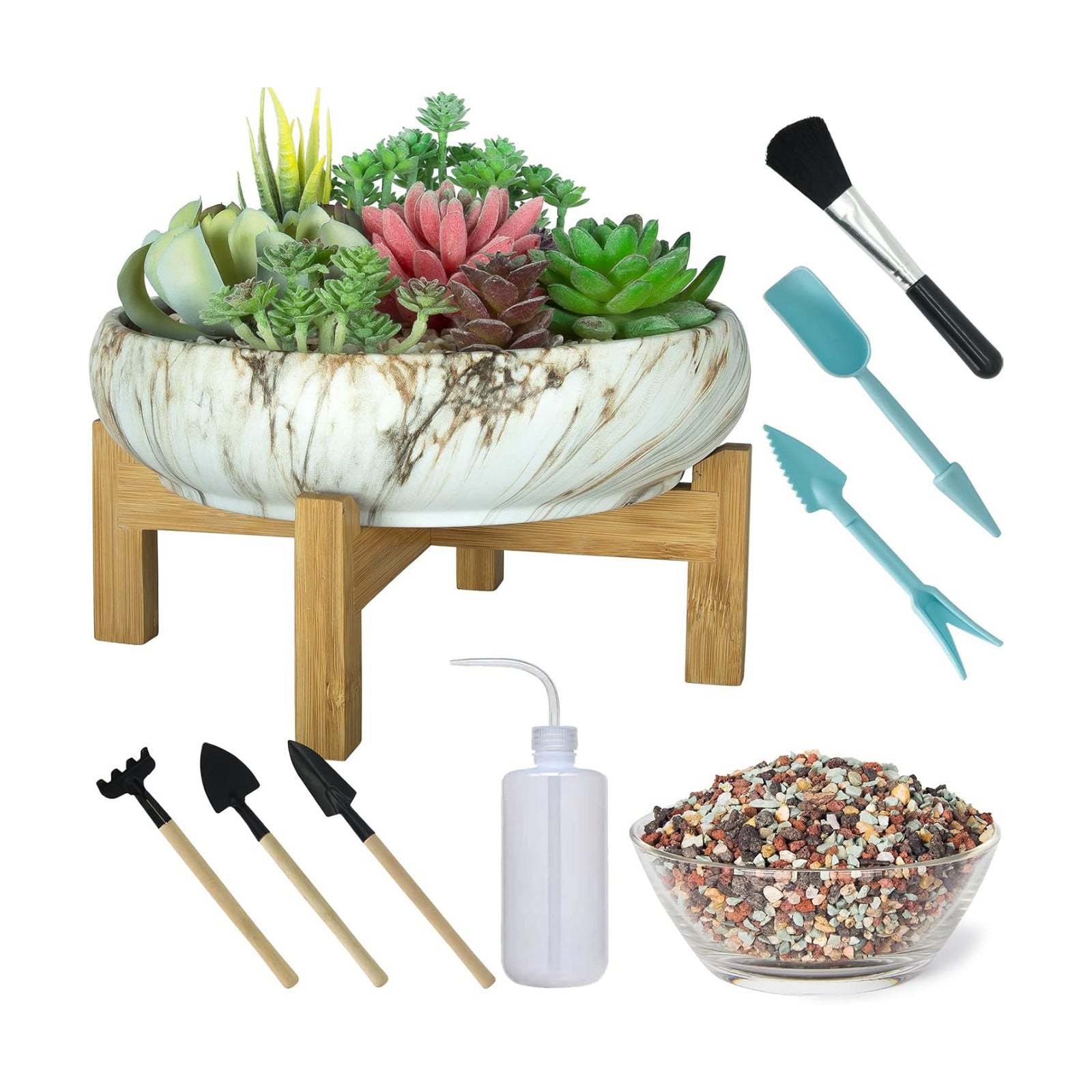 ARTKETTY Succulent Pots with Drainage, 10 Inch Ceramic Bonsai Pots | Large Plant Pots with 2.2lb Mix Pebbles, Planting