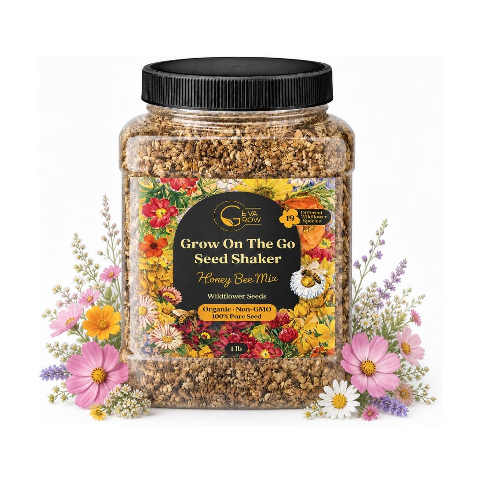 Bulk Wildflower Seed Mix – Honey Bee Wildflower Seed Mix 1 Pound Tub by GevaGrow | Bulk 300,000+ Seed Tub | 19 Variety