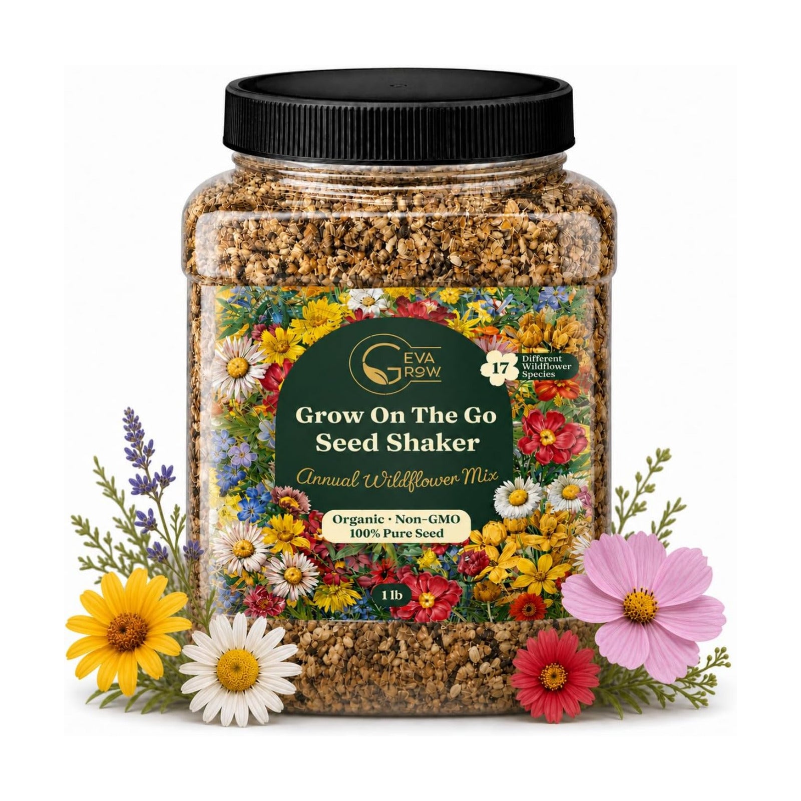 Wildflower Seed Shaker – Annual Mix by GevaGrow | 17 Variety Flower Seeds for Planting in Pots & Outdoor Gardens, Bulk