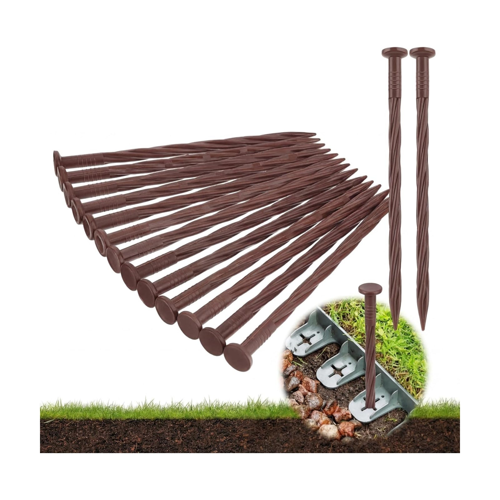 Jetec 150 Pcs 8 Inch Brown Landscape Edging Stakes, Spiral Anchoring Spikes | Spiral Anchoring Design, Reinforced