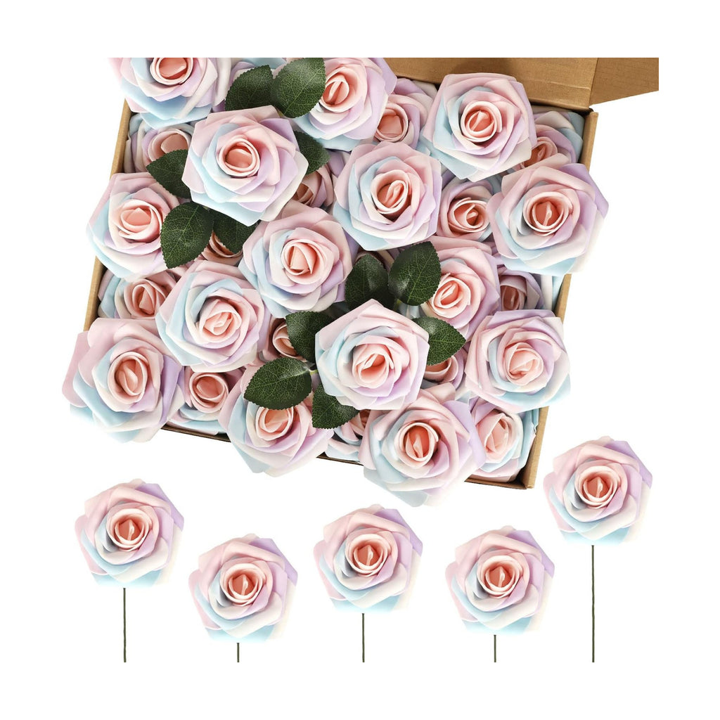 60PCS Light Rainbow Artificial Roses with Stems, Real Touch Foam Flowers