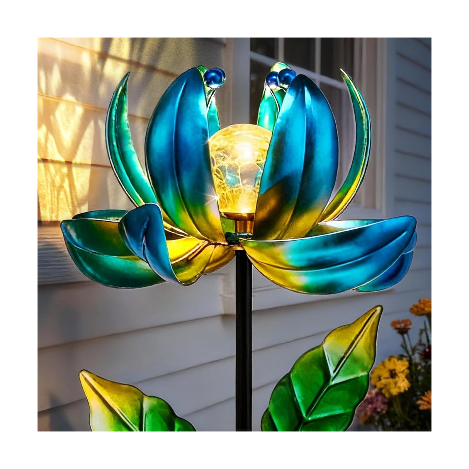 Solar Yard Lights Wind Spinners- Metal Lotus Flower Garden Decor LED Crackle Glass Globe Yard Art Sculpture Solar Stake