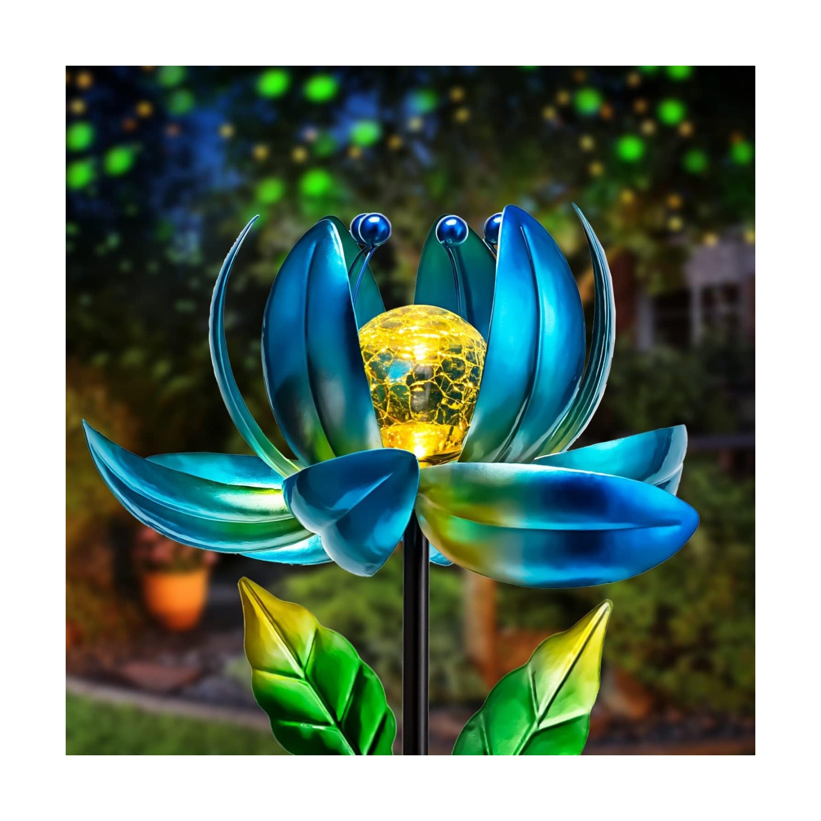 Solar Garden Lights Metal Flower Decor, Colorful Spinning Windmill Lotus Pathway Ligths with LED Cracked Crystal Ball