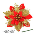 FurRain Christmas Poinsettia Artificial Flowers Decorations 5.5" Christmas Tree Wreaths Garland Decoration 12 Pcs Glitter Flowers Picks Decor for Xmas New Year Wedding Party Ornaments (Red Gold)