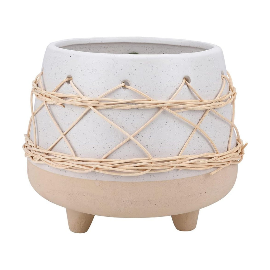 8 in Ceramic Planter Pot for Indoor & Outdoor Plant, Flower | Modern Rattan Accent Design, Mid-Century Planter with