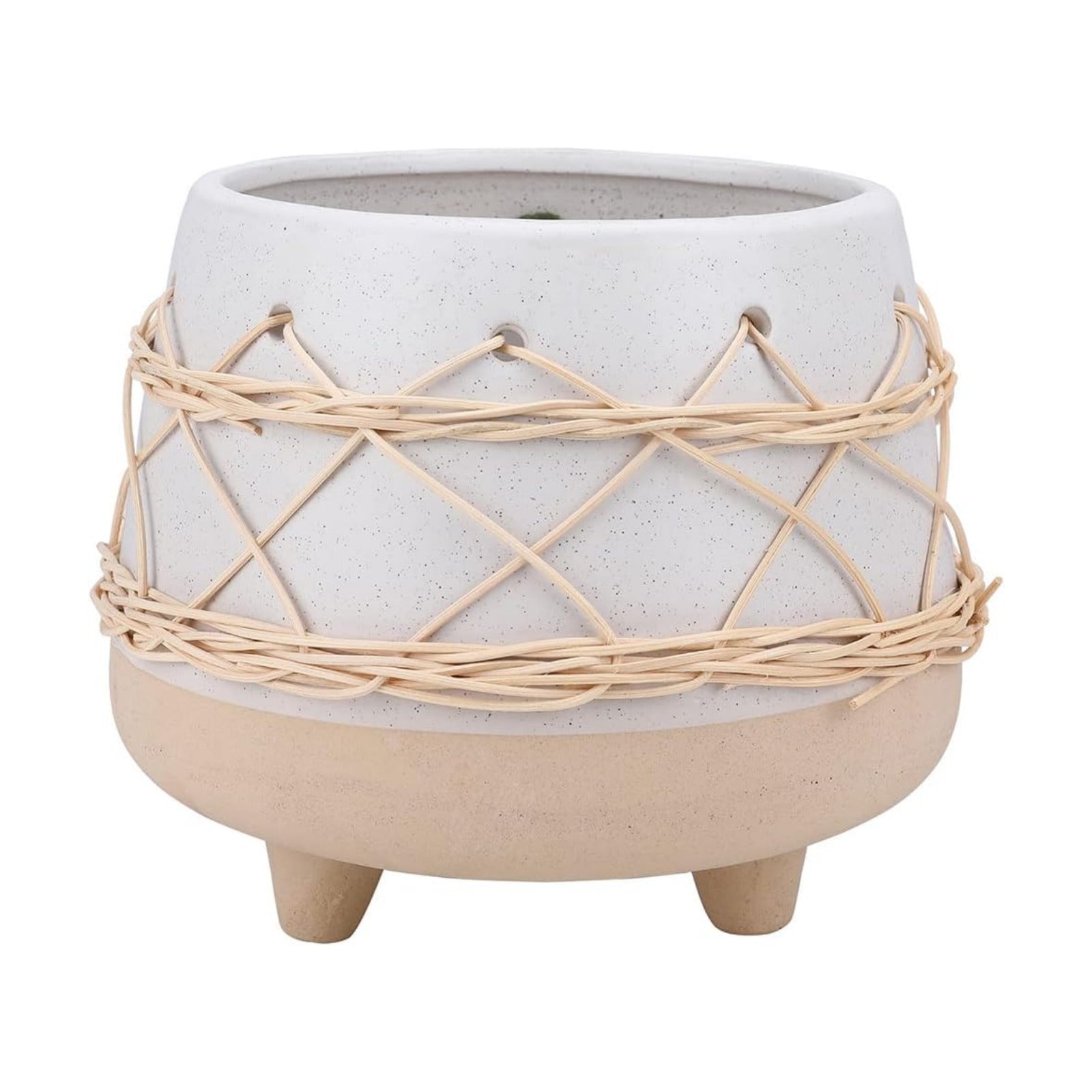 8 in Ceramic Planter Pot for Indoor & Outdoor Plant, Flower | Modern Rattan Accent Design, Mid-Century Planter with