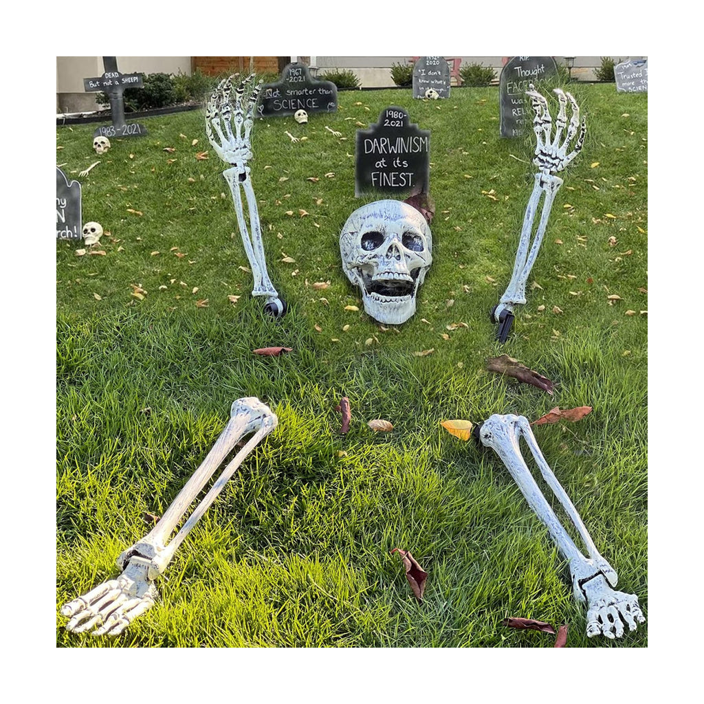 Halloween Skeleton Stakes Decorations, Realistic Skeleton Halloween Decor, Hallo-ween Ske-leton Head and Arms with a Stake for Halloween Yard Scary Skeleton Decor 5pcs