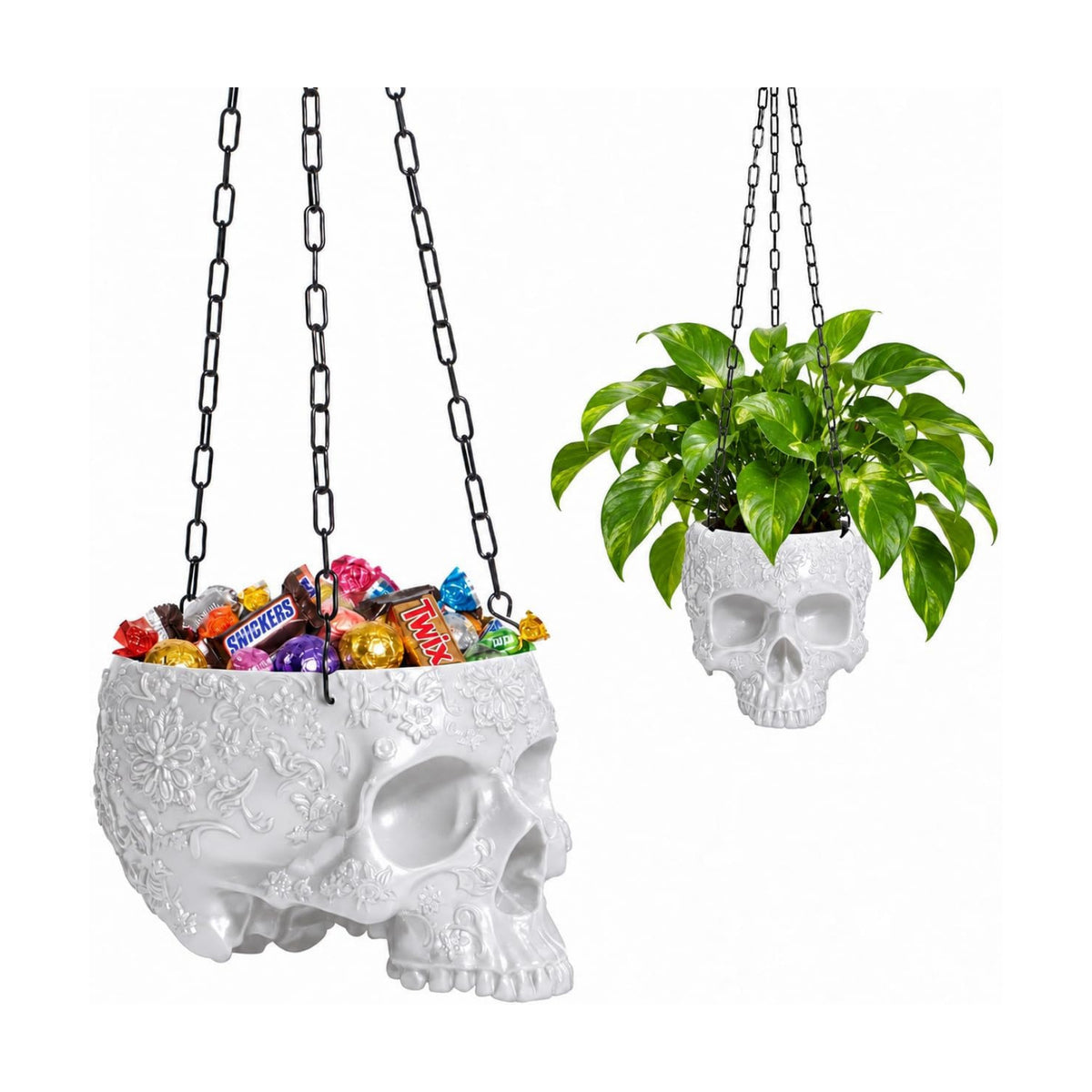 Halloween Trick Or Treat Skull Candy Bowl Hanging Gothic Skeleton White Pot