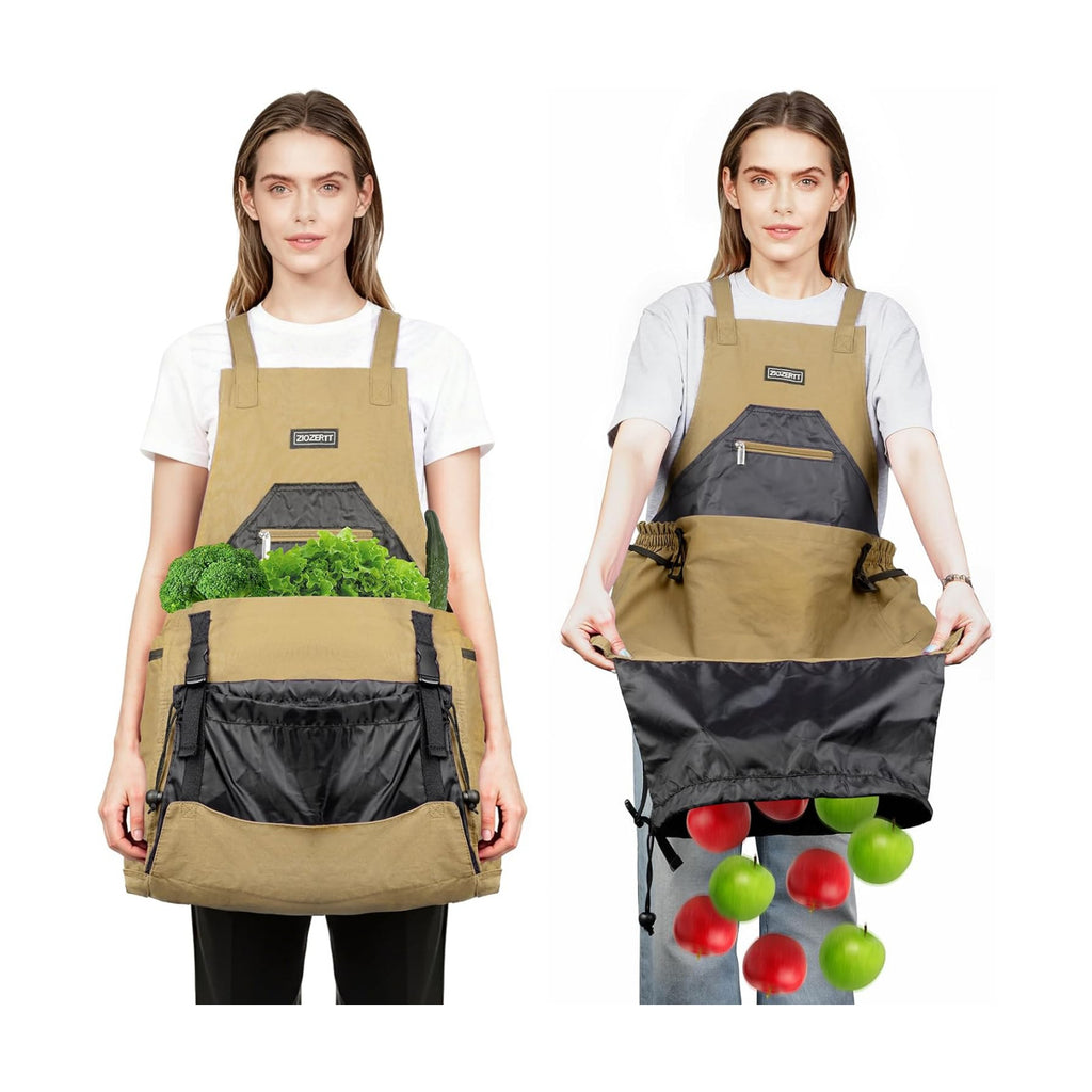 Garden Apron,Harvest Aprons with Drawstring Bag and Pockets for Women and Men,Canvas Fruit Picking Apron