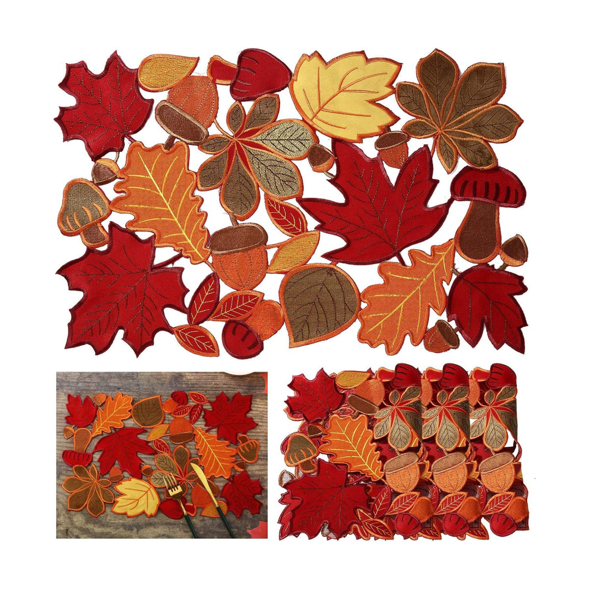 Fall Placemats Set of 6 Thanksgiving Embroidered Maple Table Mat, 11x17 in