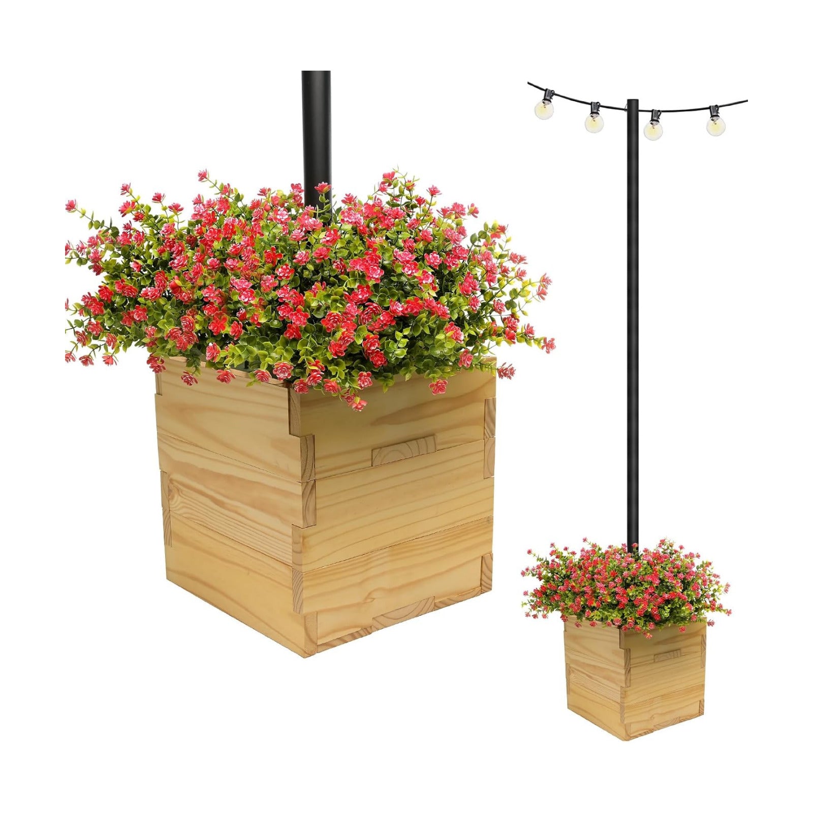 Large Decorative Wooden Planter with Universal Pole Support for String Light Poles, Umbrellas, Bird Feeders. Solid Wood