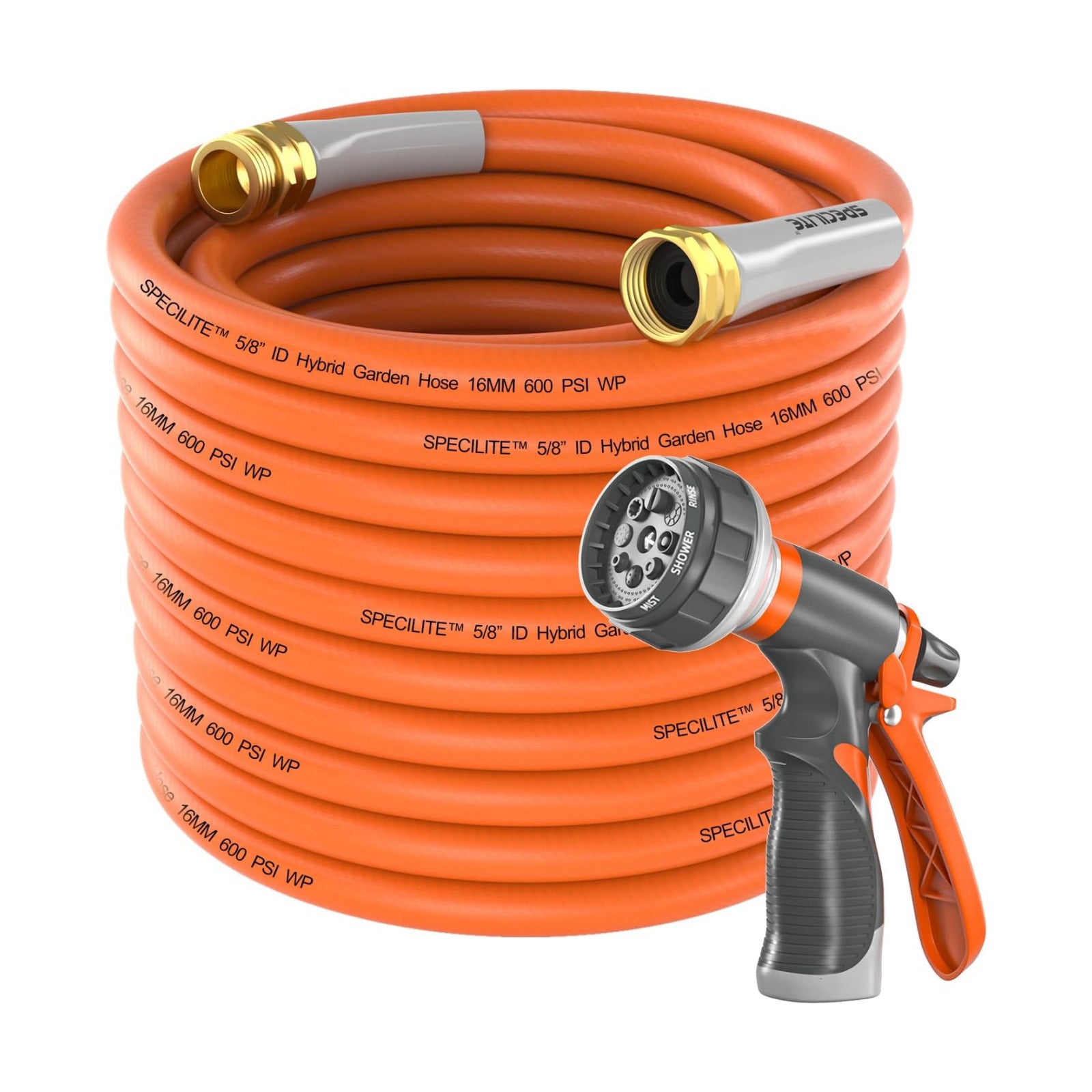 SPECILITE Garden Water Hose 50 ft x 5/8" for yard, Heavy Duty & Flexible | Lightweight, Kink-less, Hybrid Rubber Pipe