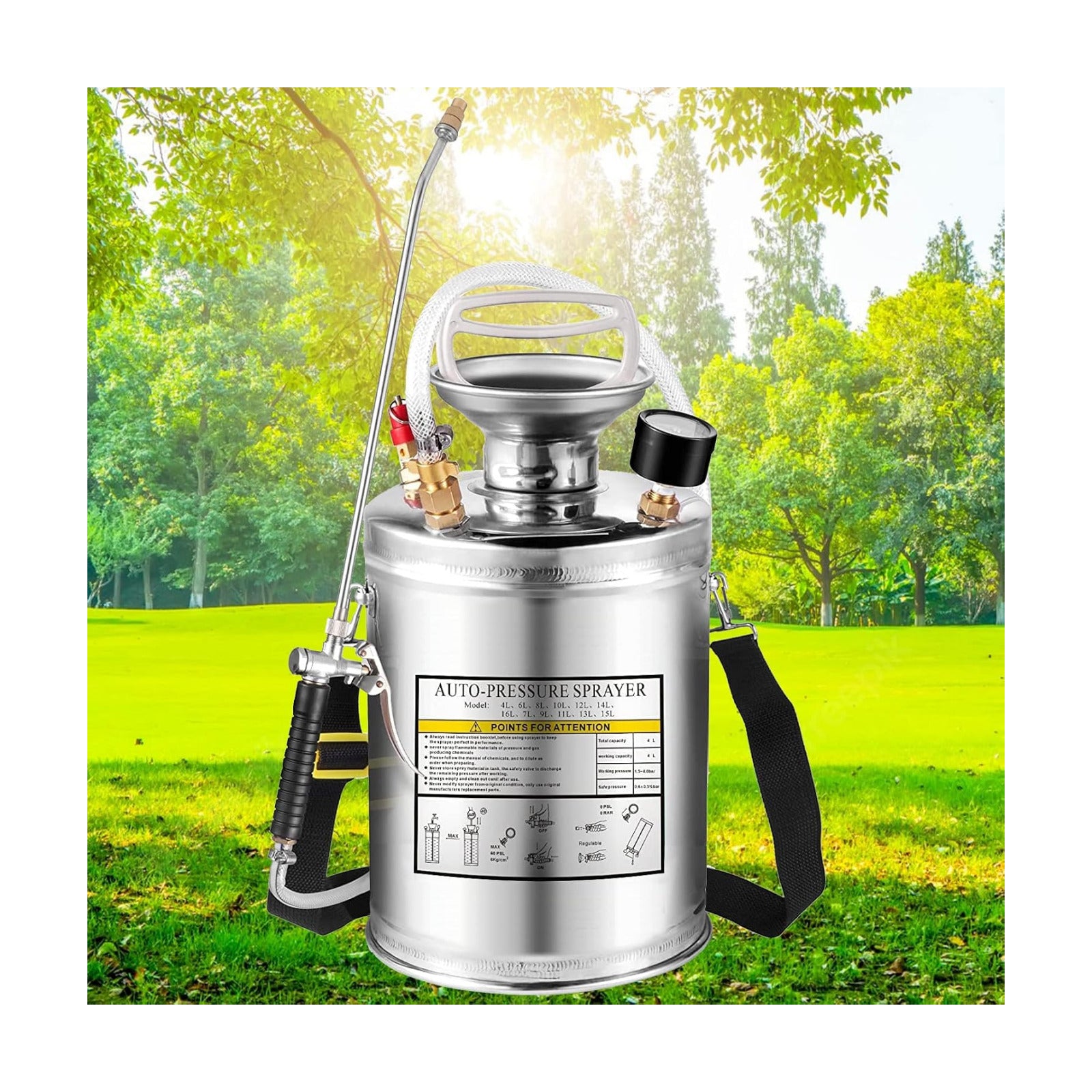 1Gal Stainless Steel Pump Up Sprayer Reinforced Hose, Hand Pump Sprayer with Pressure Gauge&Safety Valve, Adjustable