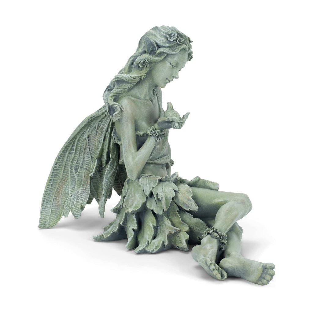 Napco Reclining Fairy with Bird 12 x 18.5 Inch Green Resin Cast Garden Statue