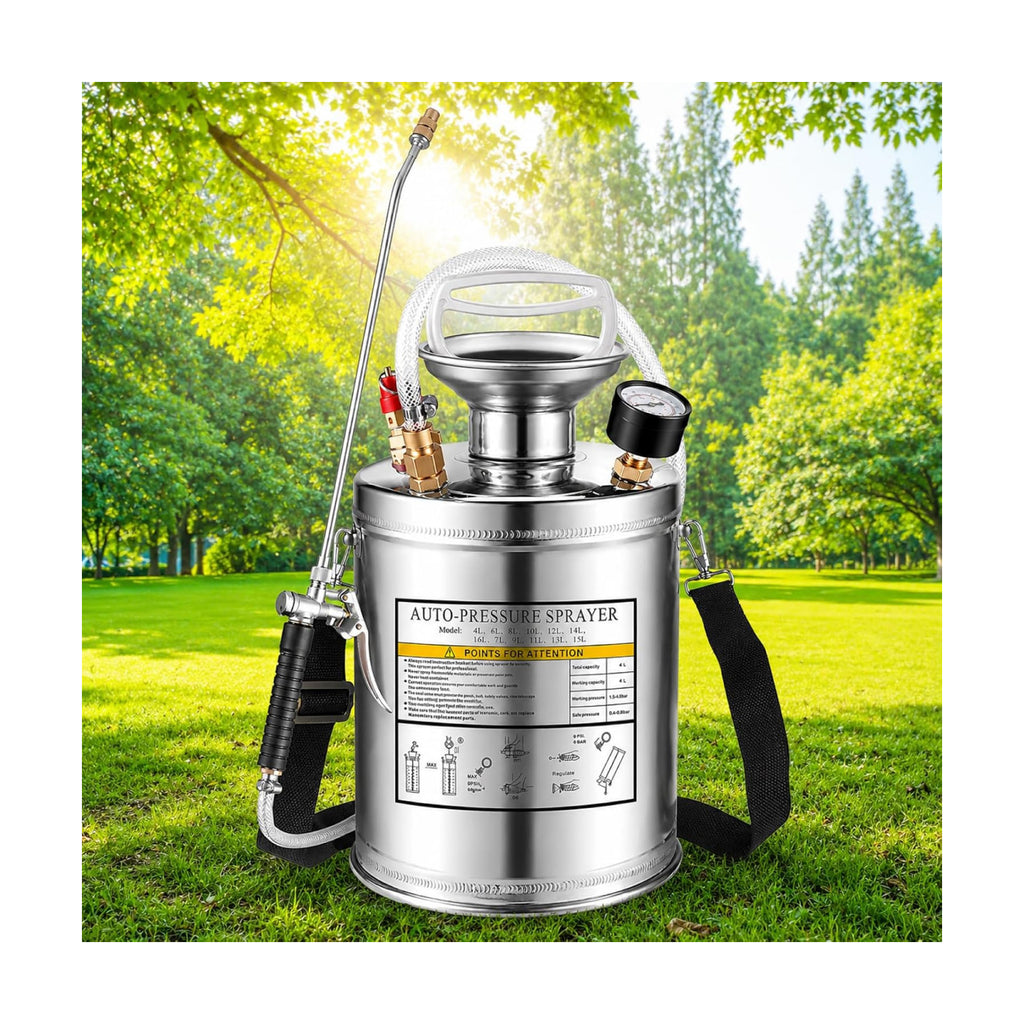 1.5Gal Stainless Steel Pump Up Sprayer Reinforced Hose, Hand Pump Sprayer with Pressure Gauge&Safety Valve, Adjustable